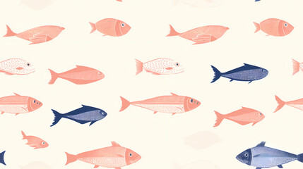 Minimalistischer Risograph-Druck mit Fischen, vielfarbige Darstellung auf hellem Hintergrund, nahtloses Muster, nahtloser Hintergrund - obrazy, fototapety, plakaty