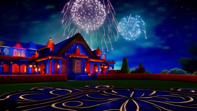 Fireworks launches and explosions over a beautiful blue mansion. A short video of colorful fireworks.