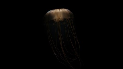  a close up of a jellyfish in the dark with it's head turned to look like it's floating in the water and it's mouth.