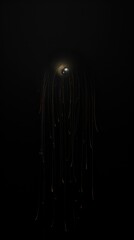  a dark room with a light in the middle of the room and a bunch of strings hanging from the ceiling in the middle of the room with a light at the end of the room.