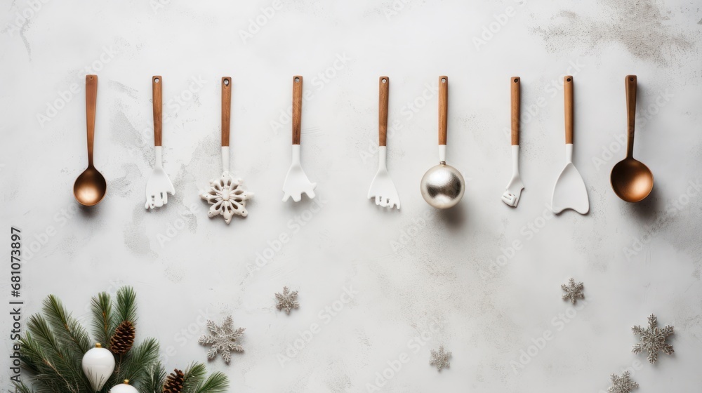Poster a group of utensils sitting on top of a table next to a pine cone and a pine cone with a snowflake o