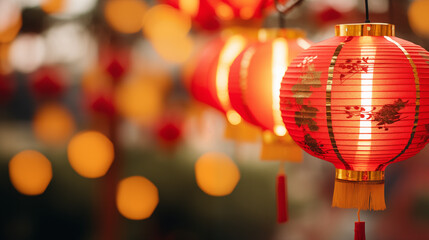 Naklejka premium A beautiful lantern display illustrating the legend of the Ten Suns, Chinese New Year and its mythical symbols, blurred background, bokeh, xmas, with copy space