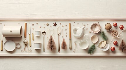  a white tray topped with lots of different types of kitchen utensils and christmas decorations on top of a white tablecloth covered in stars and snowflakes.