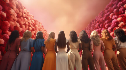 Back view of group of women against red and orange dahlias. International Women's Day and March 8 concept. Fantasy background with copy space. - obrazy, fototapety, plakaty