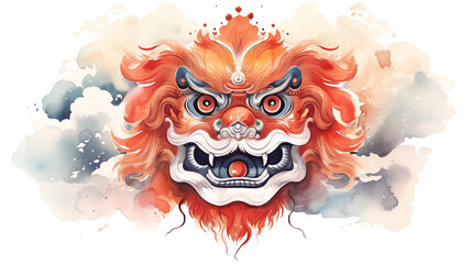 A traditional lion dance mask, symbolizing good fortune, Chinese New Year symbols, watercolor style, white background, with copy space