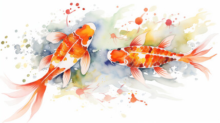 A pair of koi fish, signifying good luck and abundance, Chinese New Year symbols, watercolor style, white background, with copy space - obrazy, fototapety, plakaty