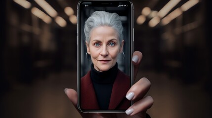 Middle aged woman with gray hair photo displayed on smartphone screen