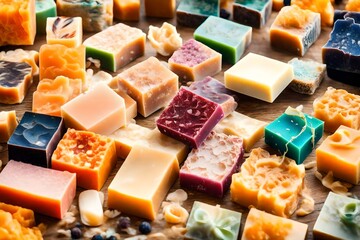 Bright handmade soap pieces in close-up. The texture of various natural soaps. Hygiene