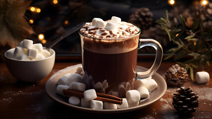 Obraz na płótnie Canvas Hot chocolate with marshmallow on a wooden table. Christmas background. AI Generative