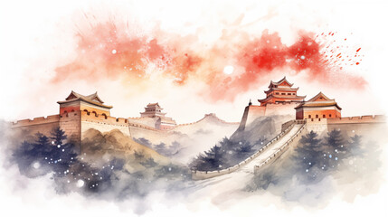 An artistic representation of the Great Wall of China with fireworks, Chinese New Year, watercolor style, white background, with copy space