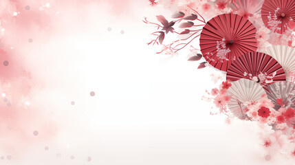 A festive scene with Chinese paper fans and lanterns, Chinese New Year, watercolor style, white background, with copy space
