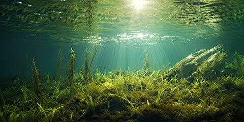 Underwater Grass, Long Seaweed in Dark River Water, Overgrown Stream with Algae, Grass Waving in Water - obrazy, fototapety, plakaty