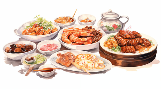 A table full of traditional Chinese New Year dishes, Chinese New Year, watercolor style, white background, with copy space