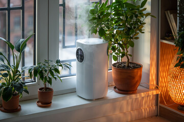 Ergonomical humidifier standing on window sill moisturizing dry air in room, house for comfort...