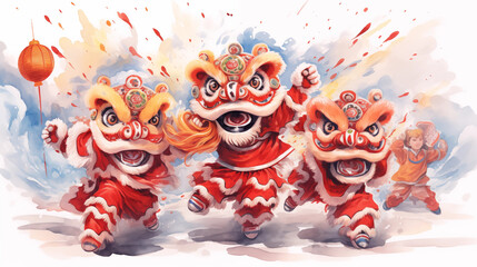 A traditional lion dance performance, Chinese New Year, watercolor style, white background, with copy space