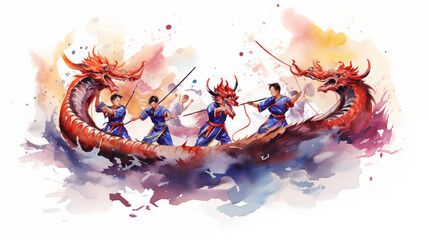 Naklejka premium A watercolor painting of a dragon dance in action, Chinese New Year, watercolor style, white background, with copy space