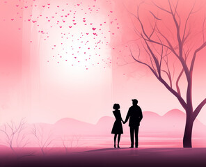 Romantic card pink background with the image of a couple and love hearts