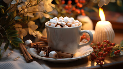 Obraz na płótnie Canvas A cup of hot chocolate with marshmallows and cinnamon on the table. AI Generative