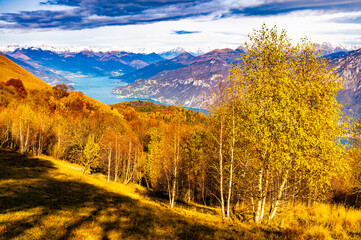 Panorama of Lake Como, photographed in autumn from Monte San Primo, with the surrounding villages and mountains.
