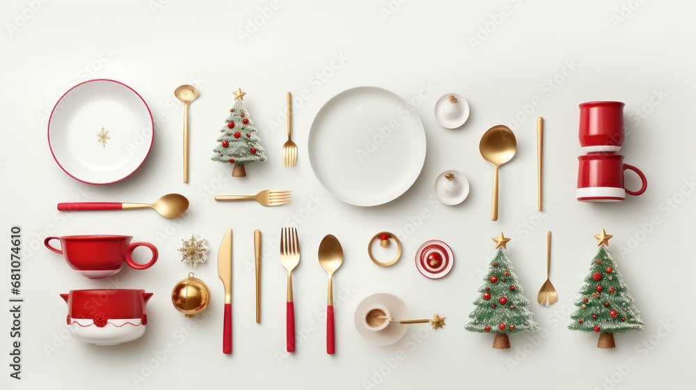 Poster a white table topped with lots of different types of utensils and a christmas tree decoration on top