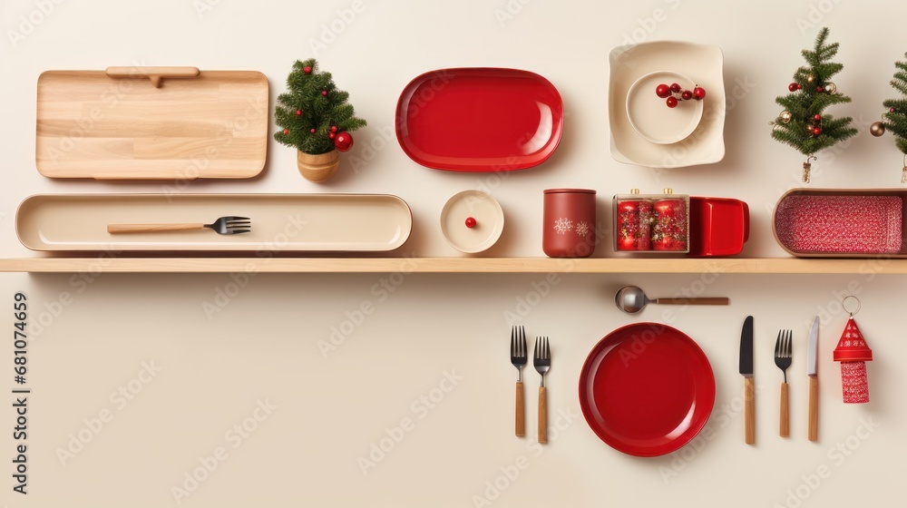 Poster a set of red and white dishes and utensils on a shelf next to a wooden tray with a christmas tree on