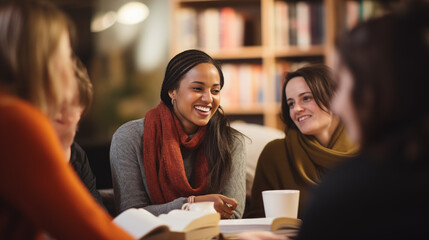 A diverse group of individuals engaged in a spirited discussion at a book club, diverse ethnicities, blurred background, bokeh, with copy space