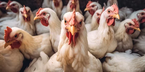 Fotobehang portrait of hens on an intensive chicken farm with many specimens - poultry farming concept © juancajuarez