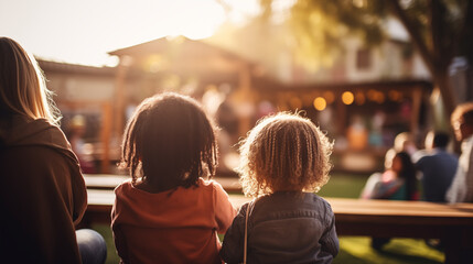 A group of diverse parents watching their children play together in a community playground, diverse ethnicities, blurred background, bokeh, with copy space - obrazy, fototapety, plakaty
