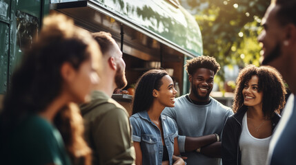 A diverse group of people queuing at a popular food truck in an urban setting, diverse ethnicities, blurred background, bokeh, with copy space - obrazy, fototapety, plakaty