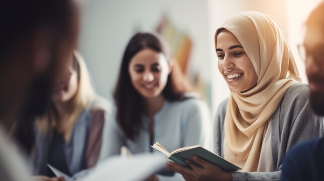 A diverse group of individuals engaged in a spirited discussion at a book club, diverse ethnicities, blurred background, bokeh, with copy space