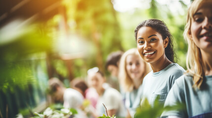 People from different ethnic backgrounds volunteering together for a social cause, diverse ethnicities, blurred background, bokeh, with copy space