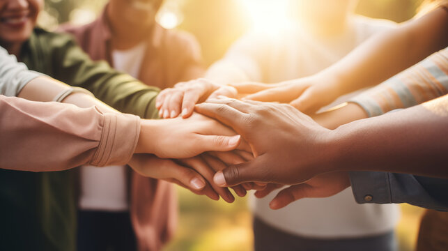 People from different ethnic backgrounds volunteering together for a social cause, diverse ethnicities, blurred background, bokeh, with copy space