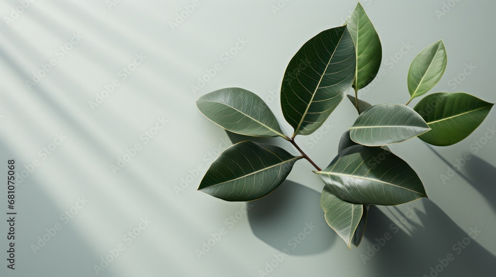 Poster a close up of a green leaf on a white background with a shadow of a plant on the left side of the im