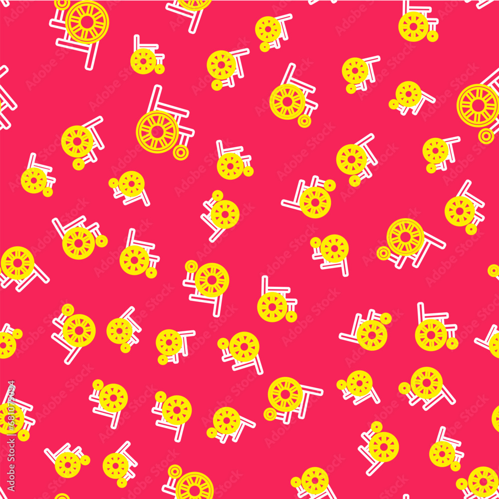 Poster line wheelchair for disabled person icon isolated seamless pattern on red background. vector