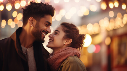 A young couple from different ethnic backgrounds on a romantic date, diverse ethnicities, blurred background, bokeh, with copy space