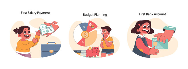 Child Financial Literacy set. Joyful introduction to earning, saving, and spending. Smart money management for kids. Financial education essentials. Flat vector illustration