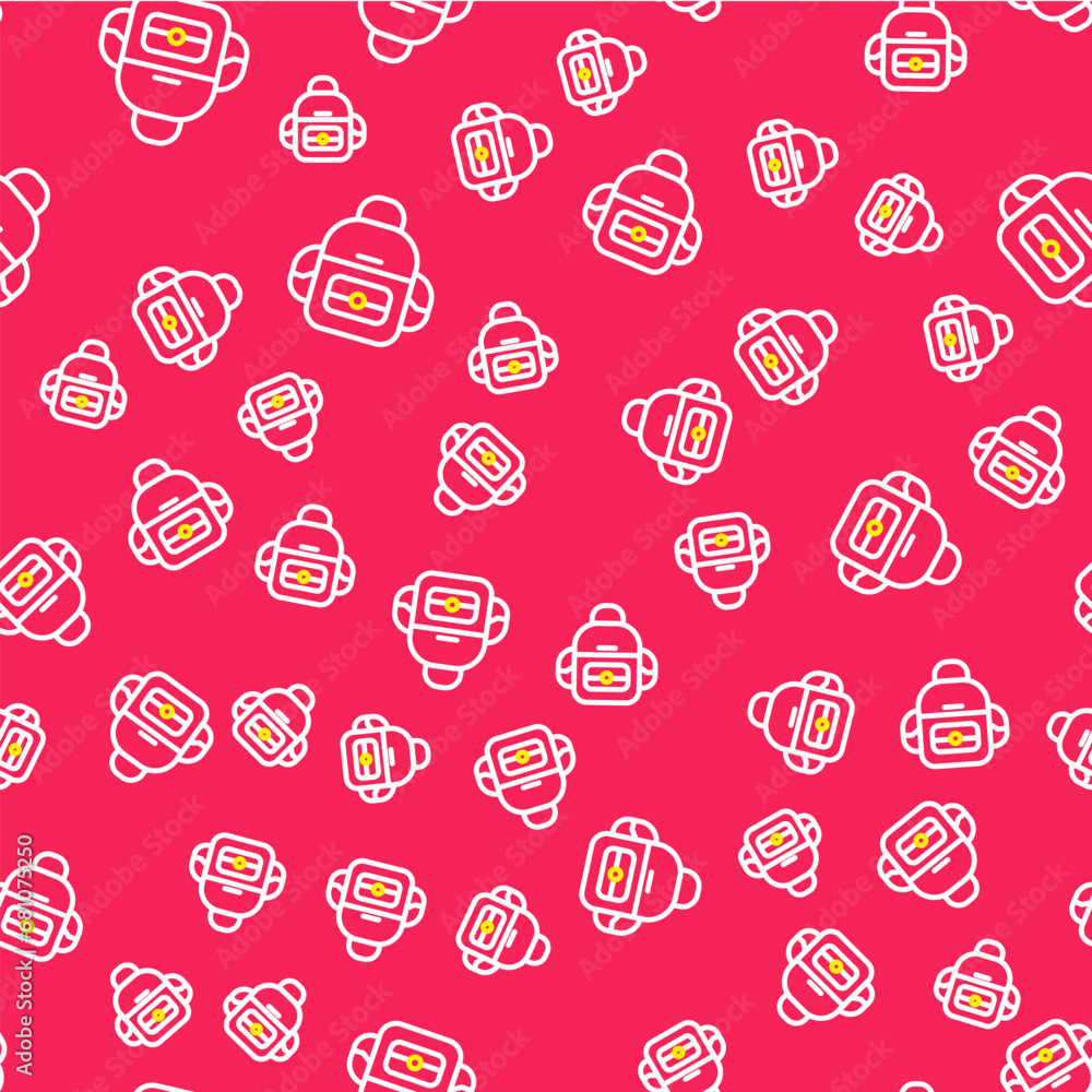 Poster line school backpack icon isolated seamless pattern on red background. vector
