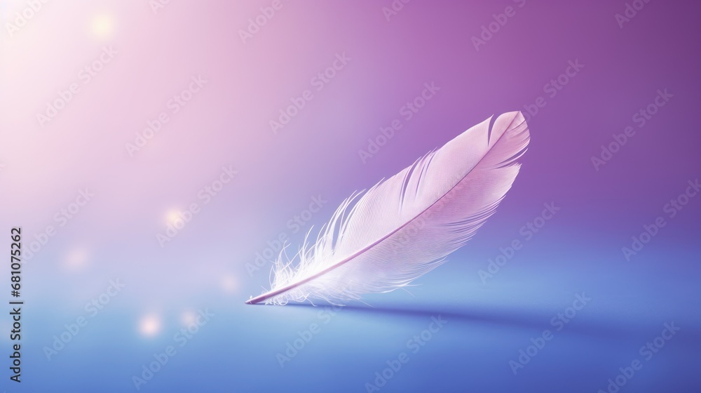 Poster  a close up of a white feather on a blue and purple background with a blurry image of the light coming from the left side of the feather and the left side of the feather.