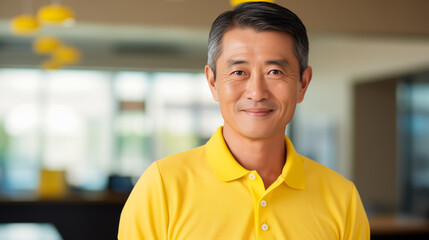 黄色いポロシャツを着て微笑む日本人