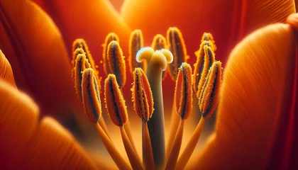 Afwasbaar Fotobehang Macrofotografie A macro view of vibrant orange tulip stamens, showcasing the delicate texture and intricate details of nature's floral design, with sharp focus on pollen grains. Generative AI