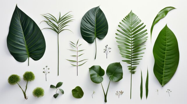  a group of different types of leaves on a white surface with a green plant in the middle of the picture and a green plant in the middle of the picture.