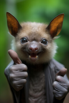 cute bat doing double thumbs up sign outside	

