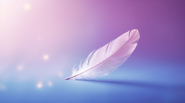  a close up of a white feather on a blue and purple background with a blurry image of the light coming from the left side of the feather and the left side of the feather.