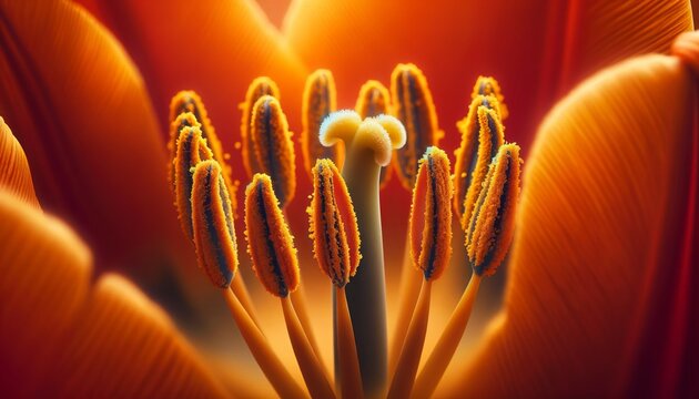 A macro view of vibrant orange tulip stamens, showcasing the delicate texture and intricate details of nature's floral design, with sharp focus on pollen grains. Generative AI