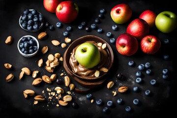 Fresh apples with peanut butter and blueberries  and choclate on dark table
