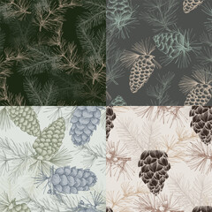 Seamless background pattern with fir tree branches and cones.