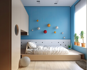 Modern Clean Contemporary White and Blue Kids room Interior Design, AI Generated