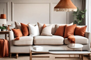Close up of fabric sofa with white and terra cotta pillows. French country home interior design of modern living room