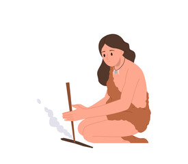 Tribal woman cartoon character representative of old civilization making fire isolated on white