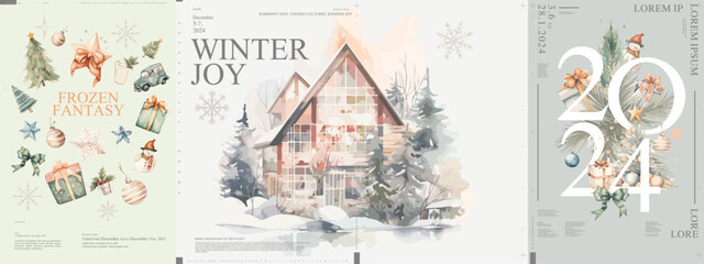 Merry Christmas and happy new year. 2024. Watercolor posters. Cozy Christmas interior. Winter countryside landscape. Typographic poster design and vectorized watercolor objects on background.